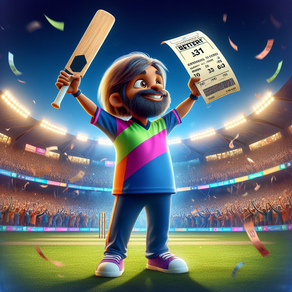 Cartoon character holding a winning betting ticket and a cricket bat for KingBD